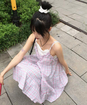 Aco frill checkered tiered mini sleeveless one piece